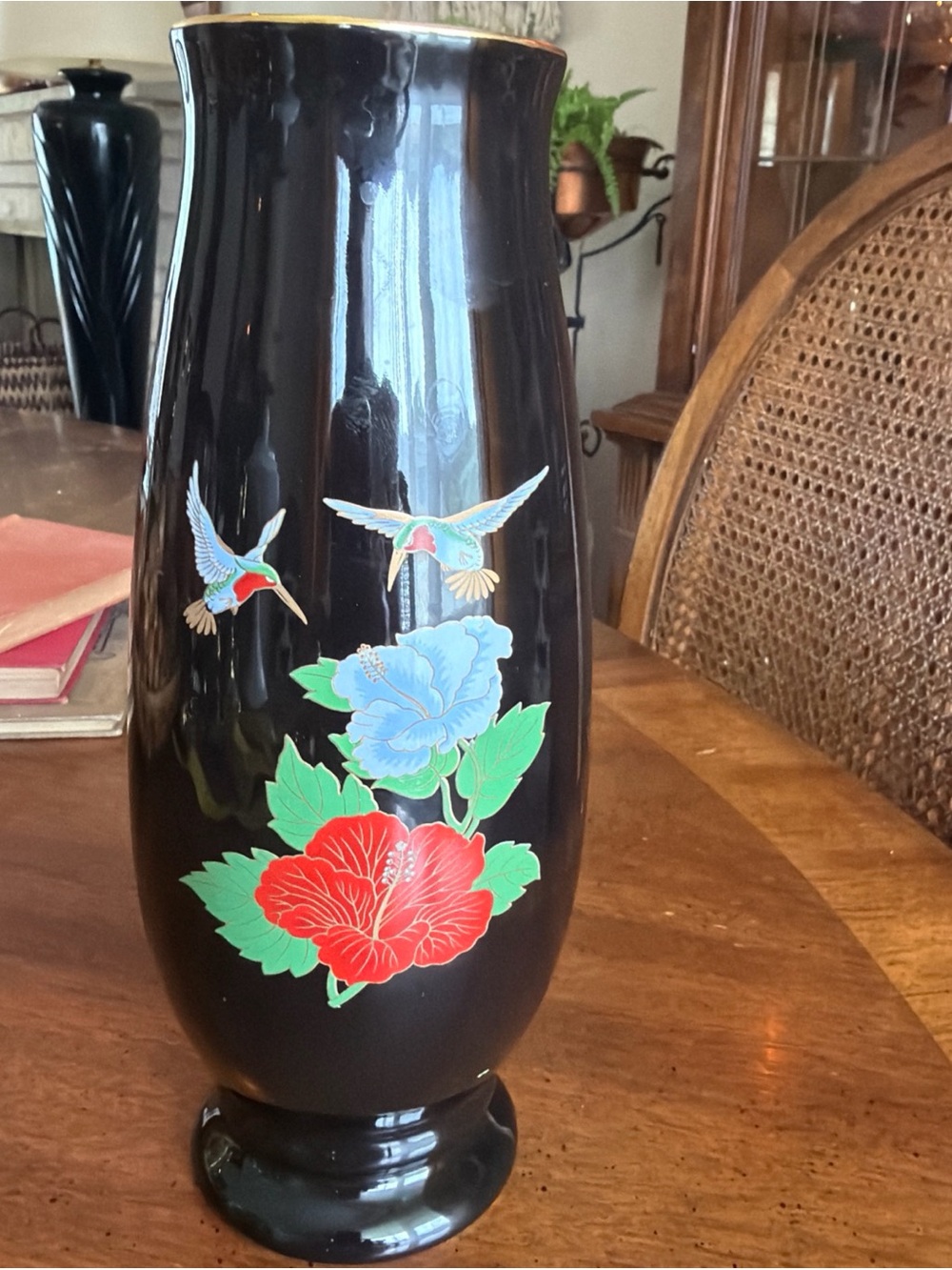 Symphony Black Porcelain Vase with Red & Blue Floral Hummingbirds